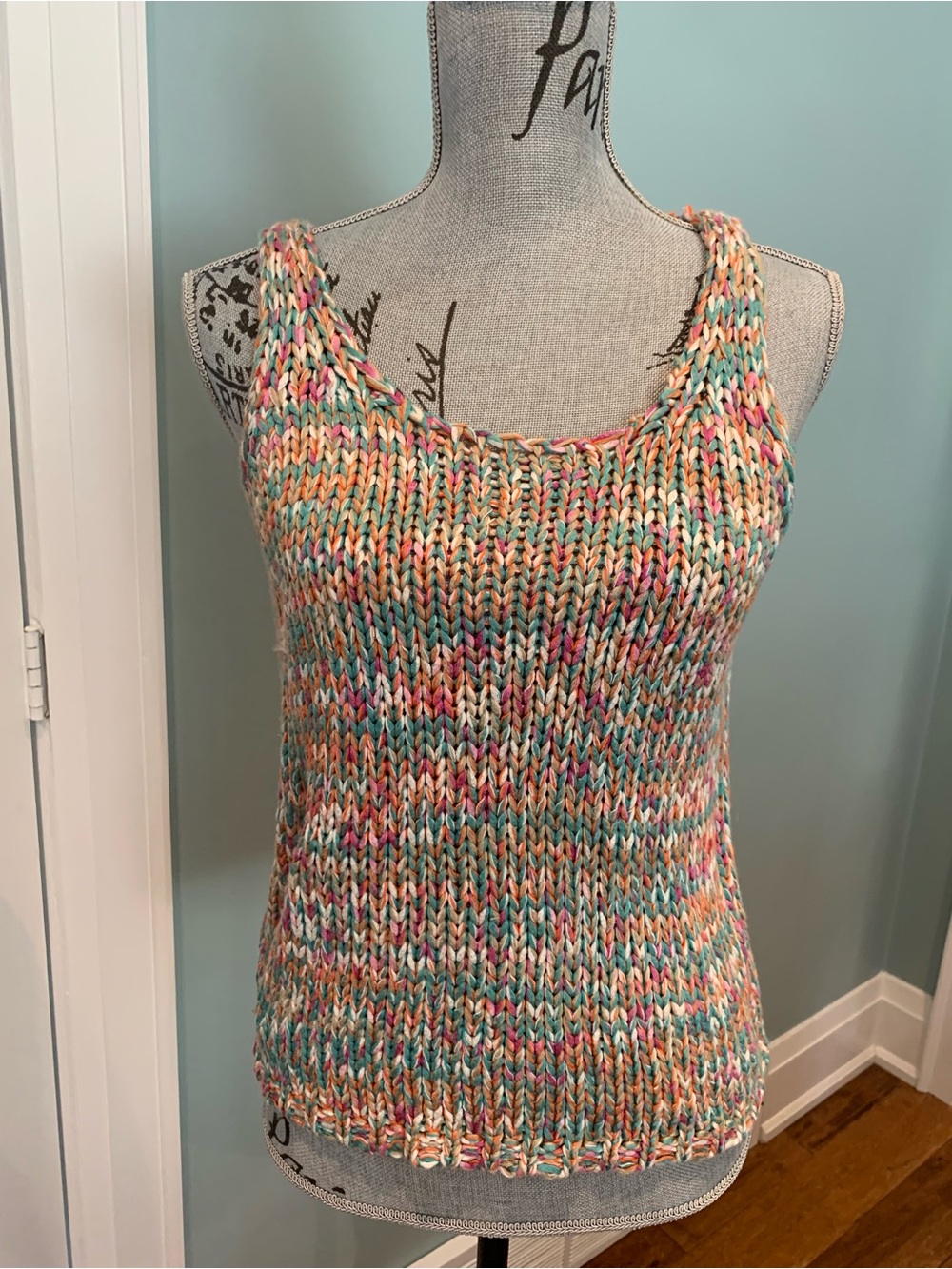 Hand knit Multicolor Knit Tank Top in Aqua, Coral, Cream